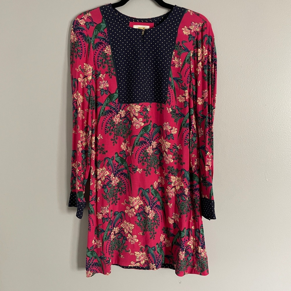 Maeve Dress Women 4 Small Pink Tropical Bird‎ Floral Polka Dot Whimsical Boho - Picture 2 of 11